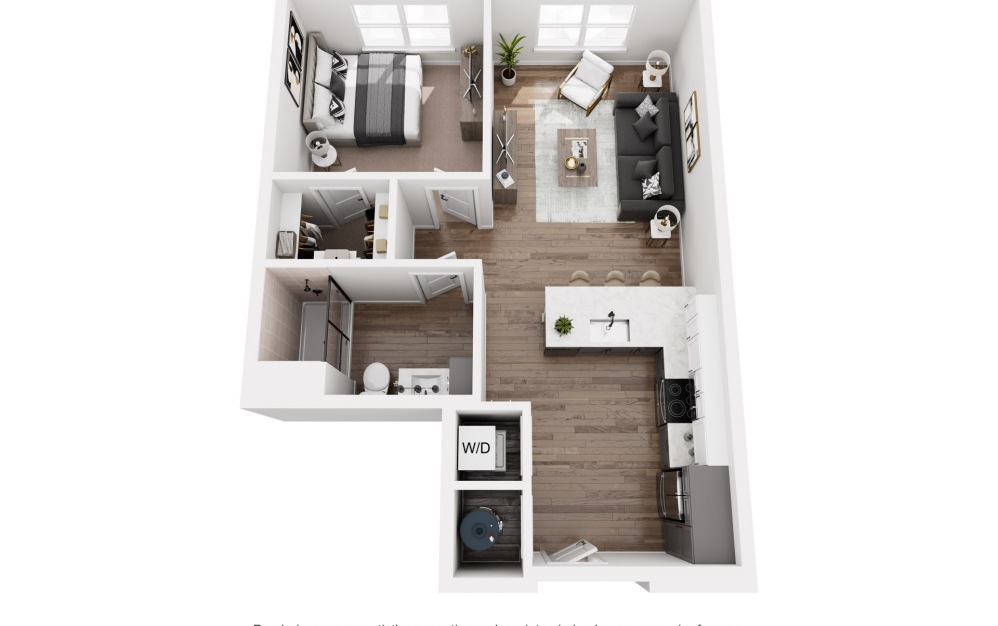 A1 - 1 bedroom floorplan layout with 1 bathroom and 718 square feet (3D)