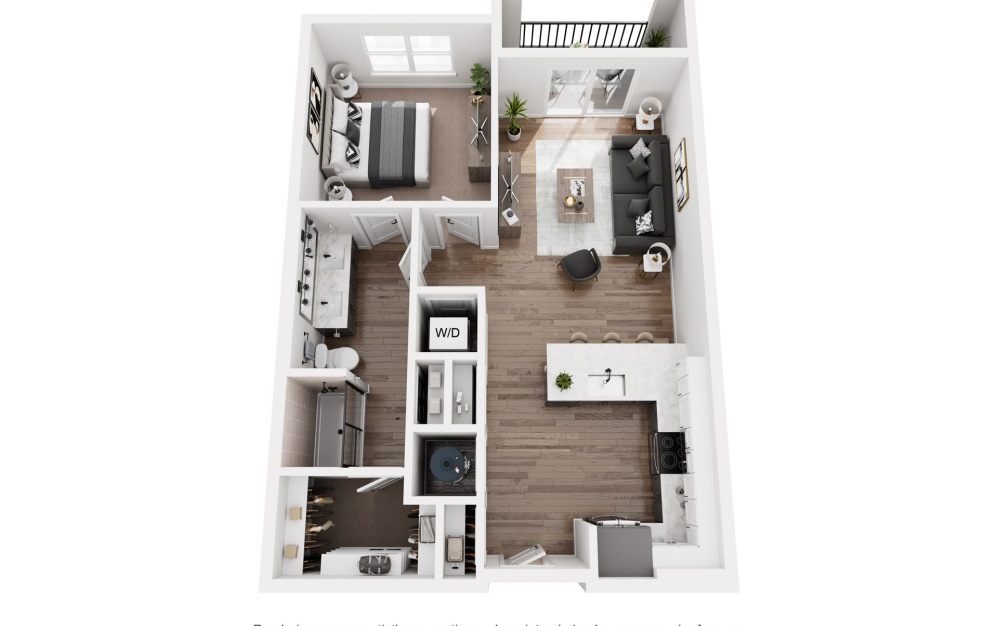 A2 - 1 bedroom floorplan layout with 1 bathroom and 800 square feet (3D)