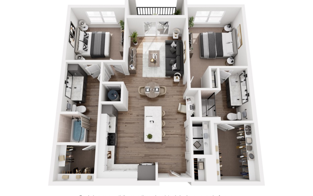 B1 - 2 bedroom floorplan layout with 2 bathrooms and 1142 square feet (3D)