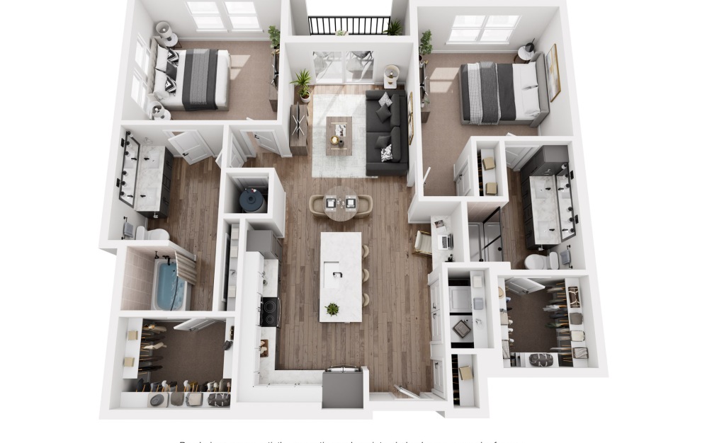 B2 - 2 bedroom floorplan layout with 2 bathrooms and 1238 square feet (3D)