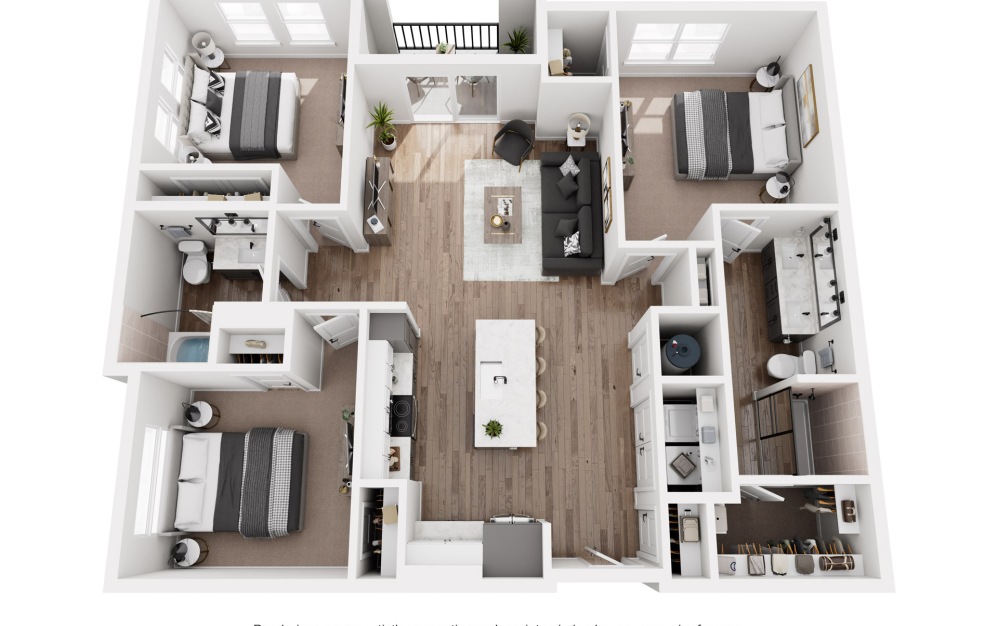 C1 - 3 bedroom floorplan layout with 2 bathrooms and 1326 square feet (3D)